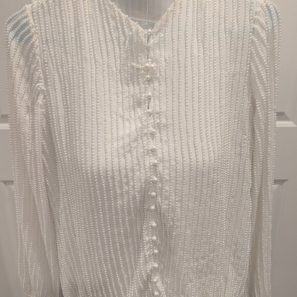 BOSTON PROPER All Over Pearl Embellished White Chiffon Top XXS - Picture 2 of 6